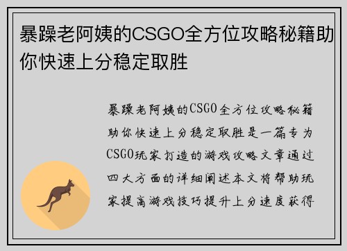 暴躁老阿姨的CSGO全方位攻略秘籍助你快速上分稳定取胜